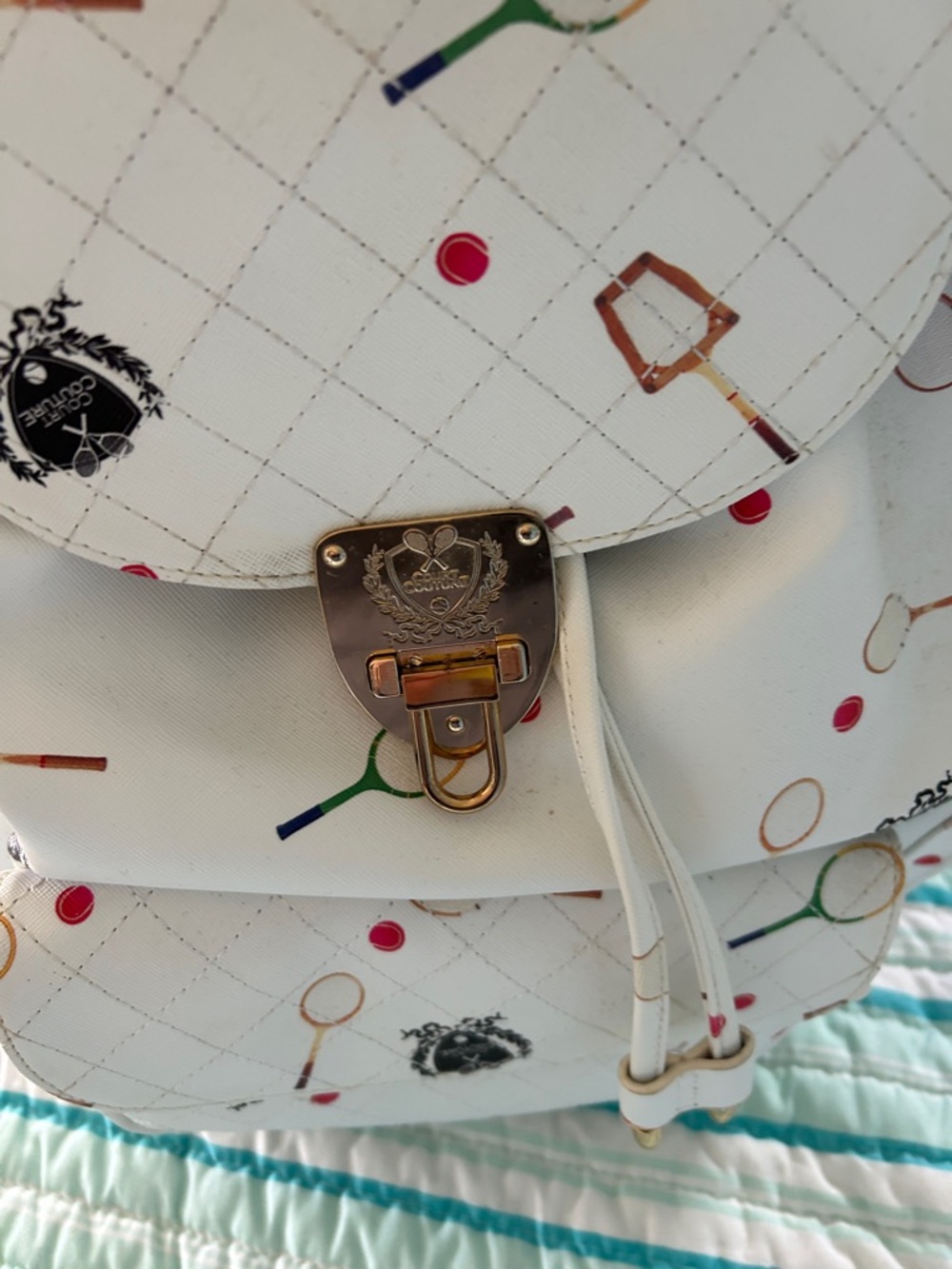 Court  couture White  Tennis Print Drawstring Backpack Vintage Karisa - Picture 2 of 10
